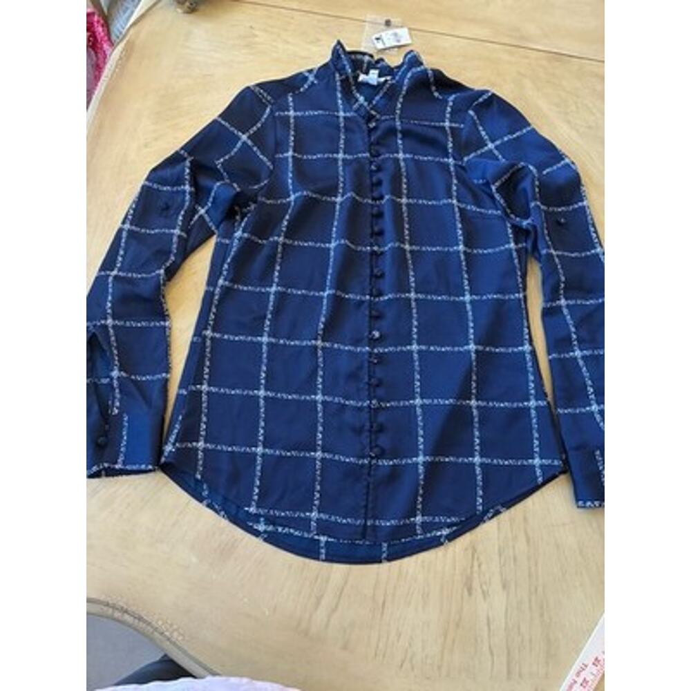 NWT Express Windowpane Button Blouse Victorian Asian Dark Academia Ruffle Neck S - Picture 9 of 16